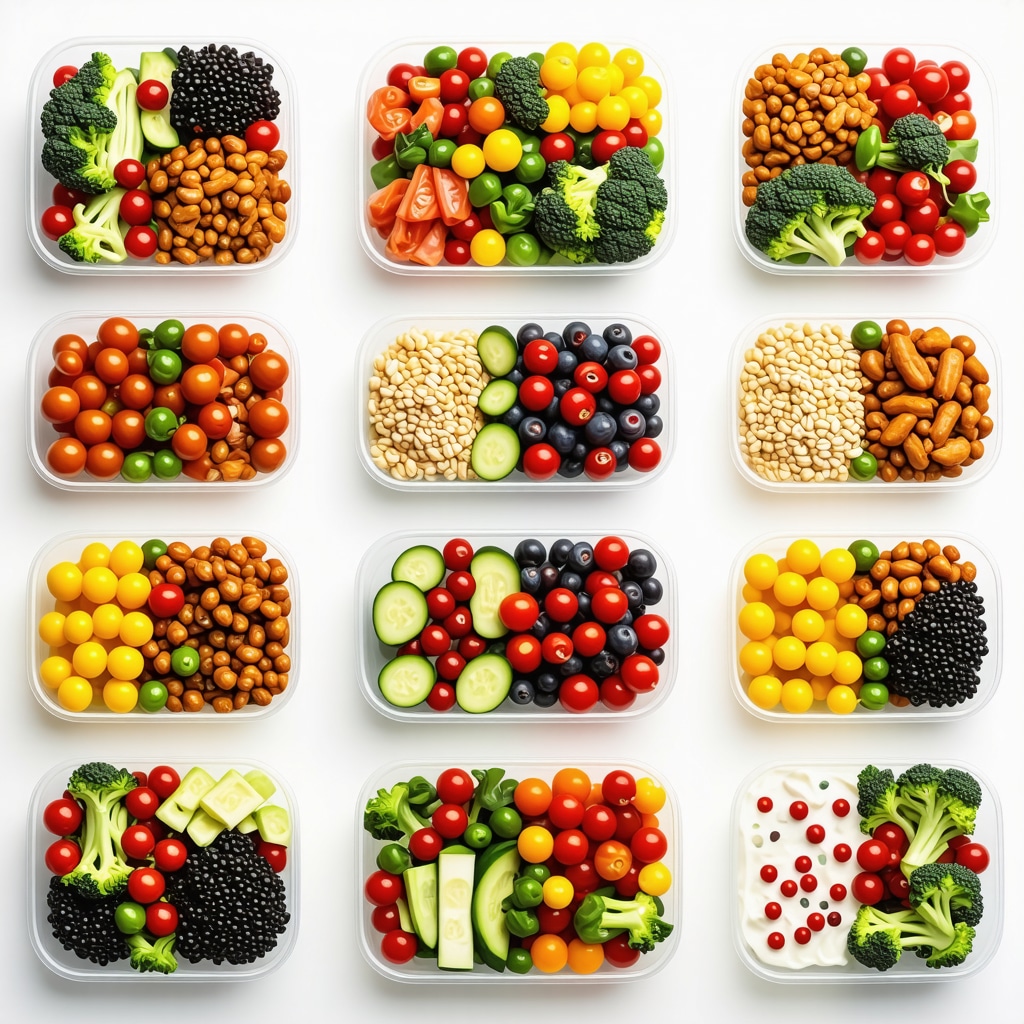 Organized meal prep containers filled with nutritious foods in a kitchen setting.