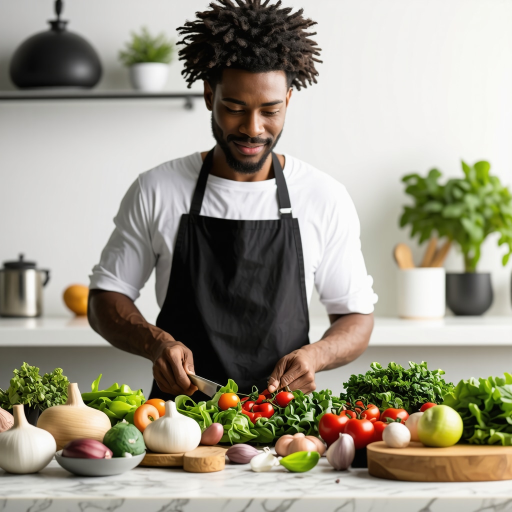 Person chopping vegetables and cooking lean proteins in a modern kitchen.