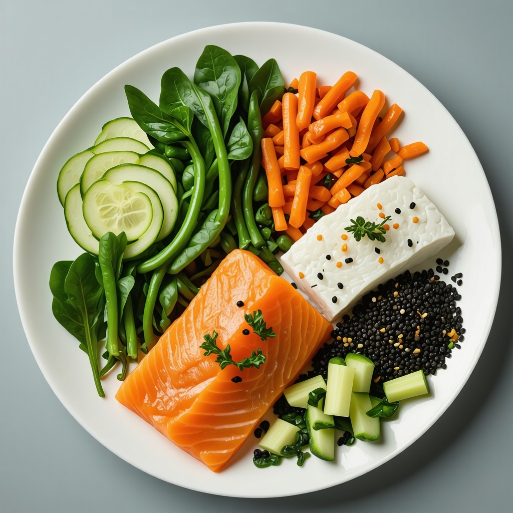 Colorful balanced plate with vegetables, fish, and fermented foods