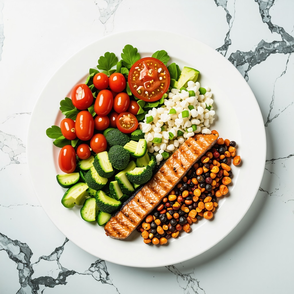 Colorful plate with vegetables, fish, and nuts for hormone support and fat burning.