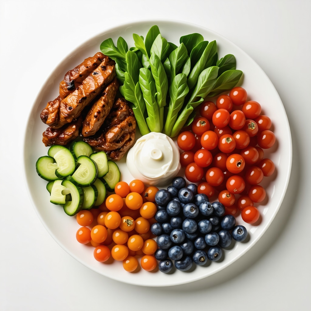Colorful plate with vegetables, chicken, and grains