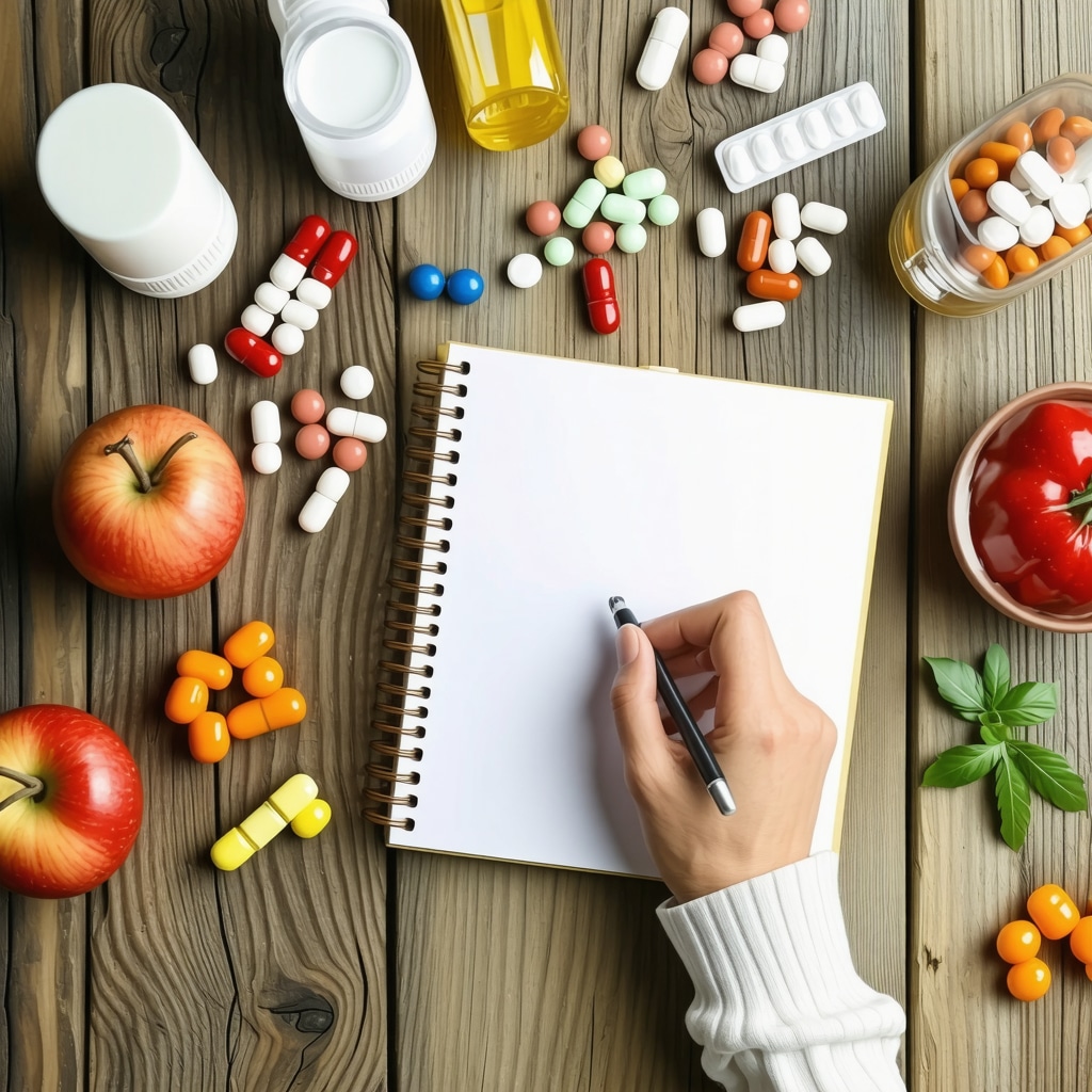 Person journaling about weight loss journey with healthy foods and medications nearby
