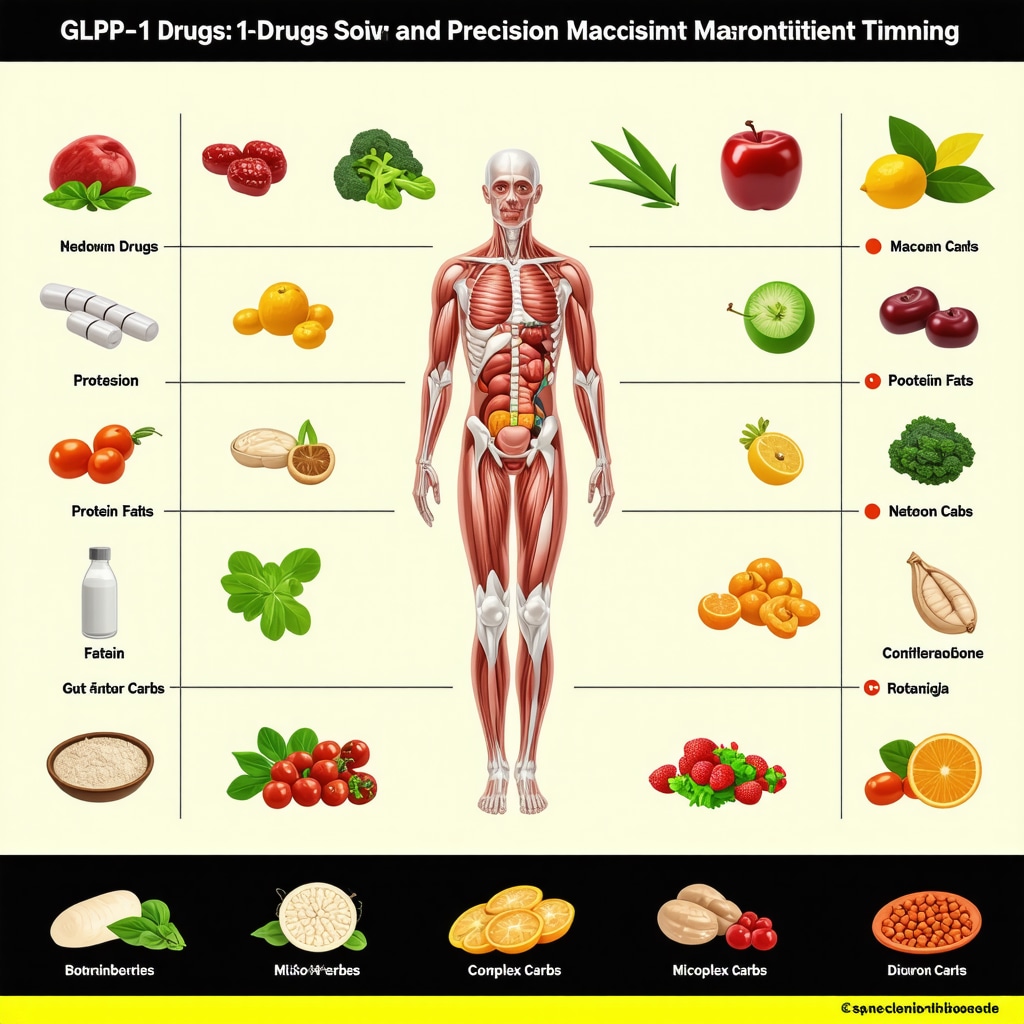 Infographic showing macronutrient timing, gut microbiome, and micronutrient integration to optimize GLP-1 drug efficacy