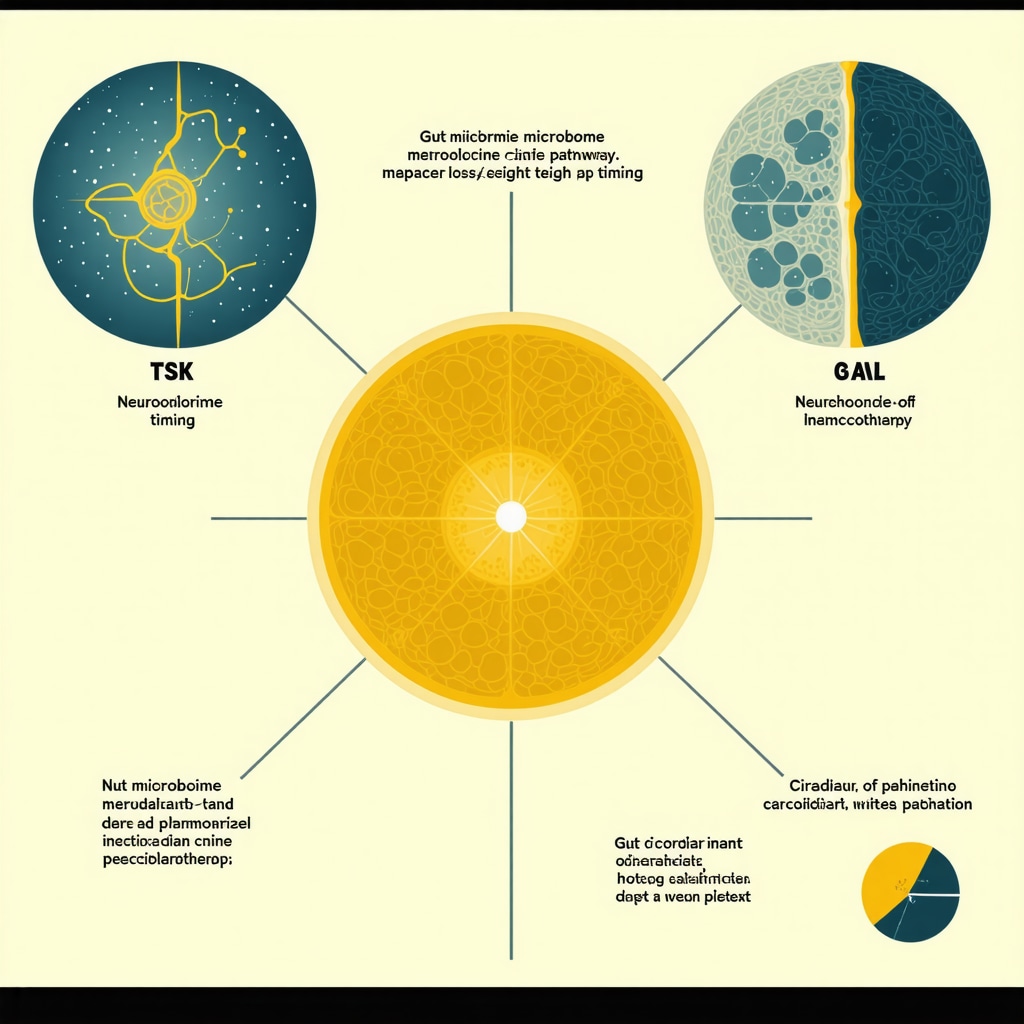 Diagram showing gut microbiome, neuroendocrine system, and circadian rhythm interactions in weight loss treatment