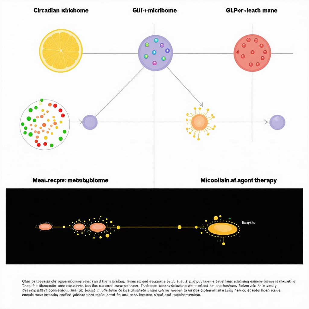 Diagram showing circadian timing, gut microbiome influence, and GLP-1 drug synergistic effects on fat metabolism