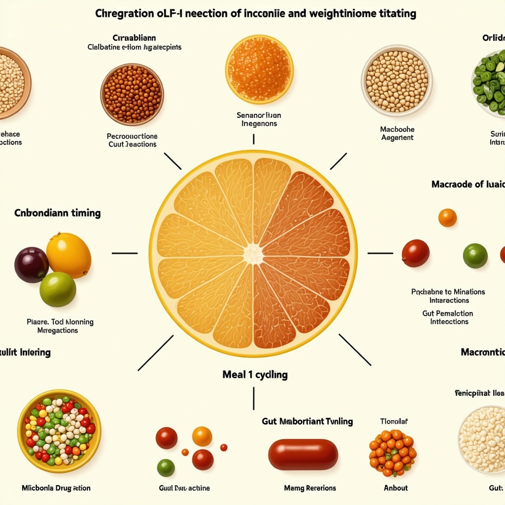 Diagram showing circadian meal timing, macronutrient cycling, and gut microbiota interactions to optimize weight loss medications