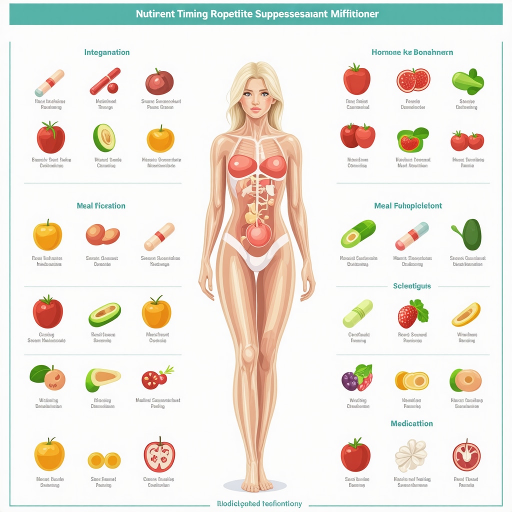Infographic depicting nutrient timing, hormonal cycles, biomarker monitoring, and stress management for enhancing appetite suppressant effectiveness