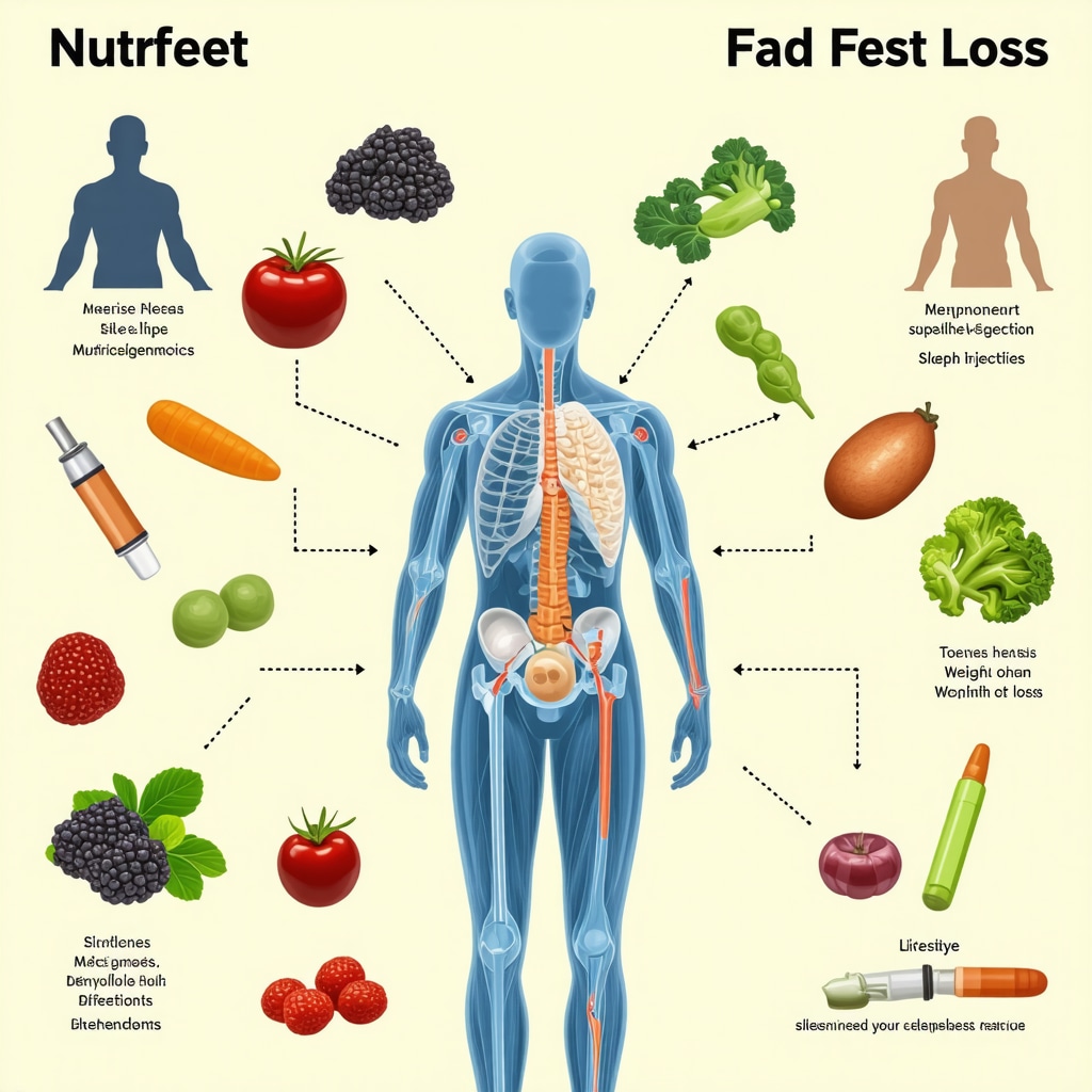 Infographic showing the synergy of nutrigenomics, lifestyle habits, and weight loss injections for optimized fat loss