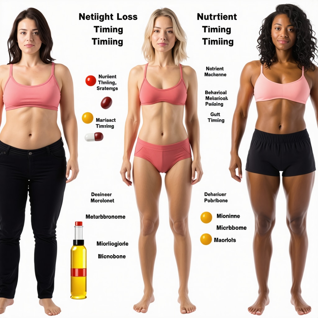 Infographic illustrating how medication, nutrient timing, gut microbiome, and behavior combine for effective weight loss