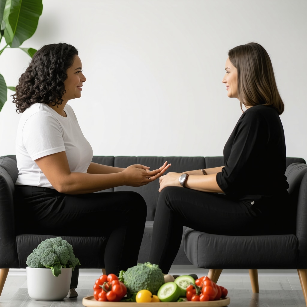 Nutritionist advising client on sustainable weight loss strategies with healthy foods.