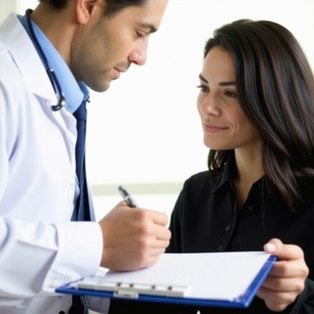 Doctor discussing long-term prescription weight loss strategies with patient.