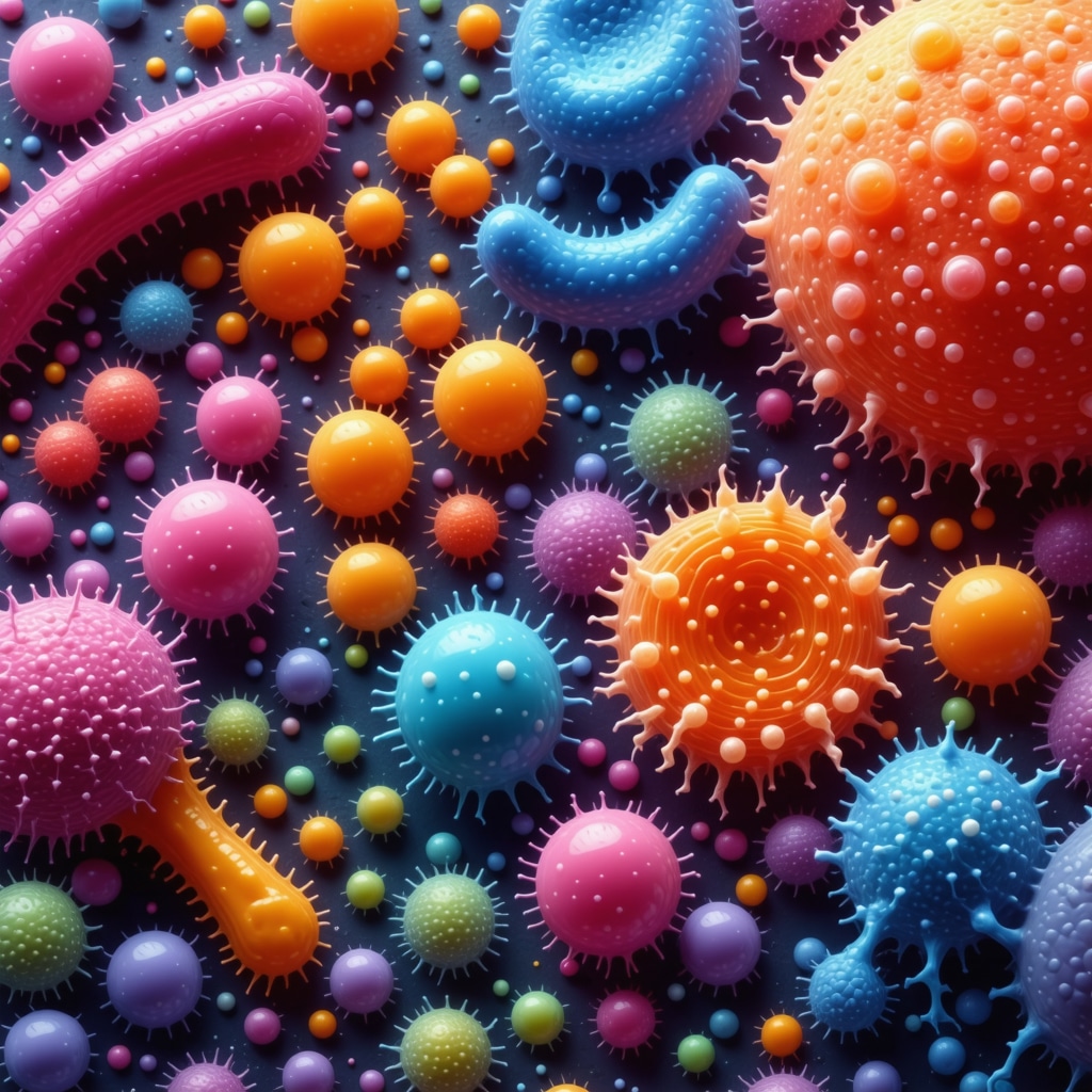 Colorful illustration of gut microbiome with fermentation foods and prebiotics supporting hormonal health.
