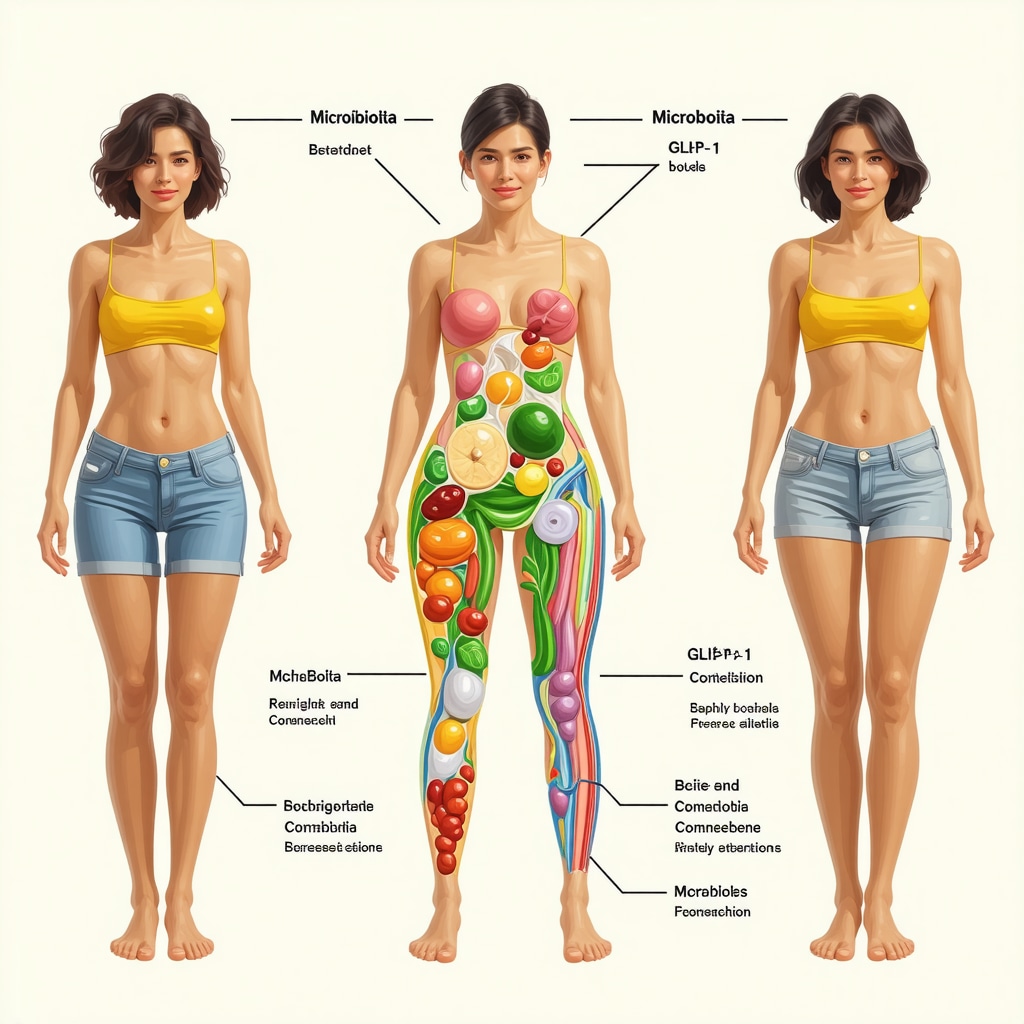 Illustration of gut microbiota influencing hormonal pathways related to weight loss.