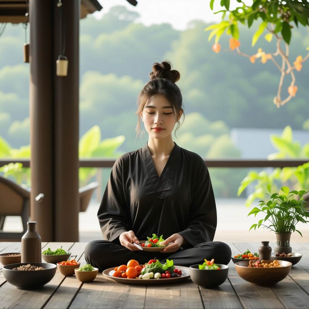 Person practicing mindful eating in a calm, natural environment.