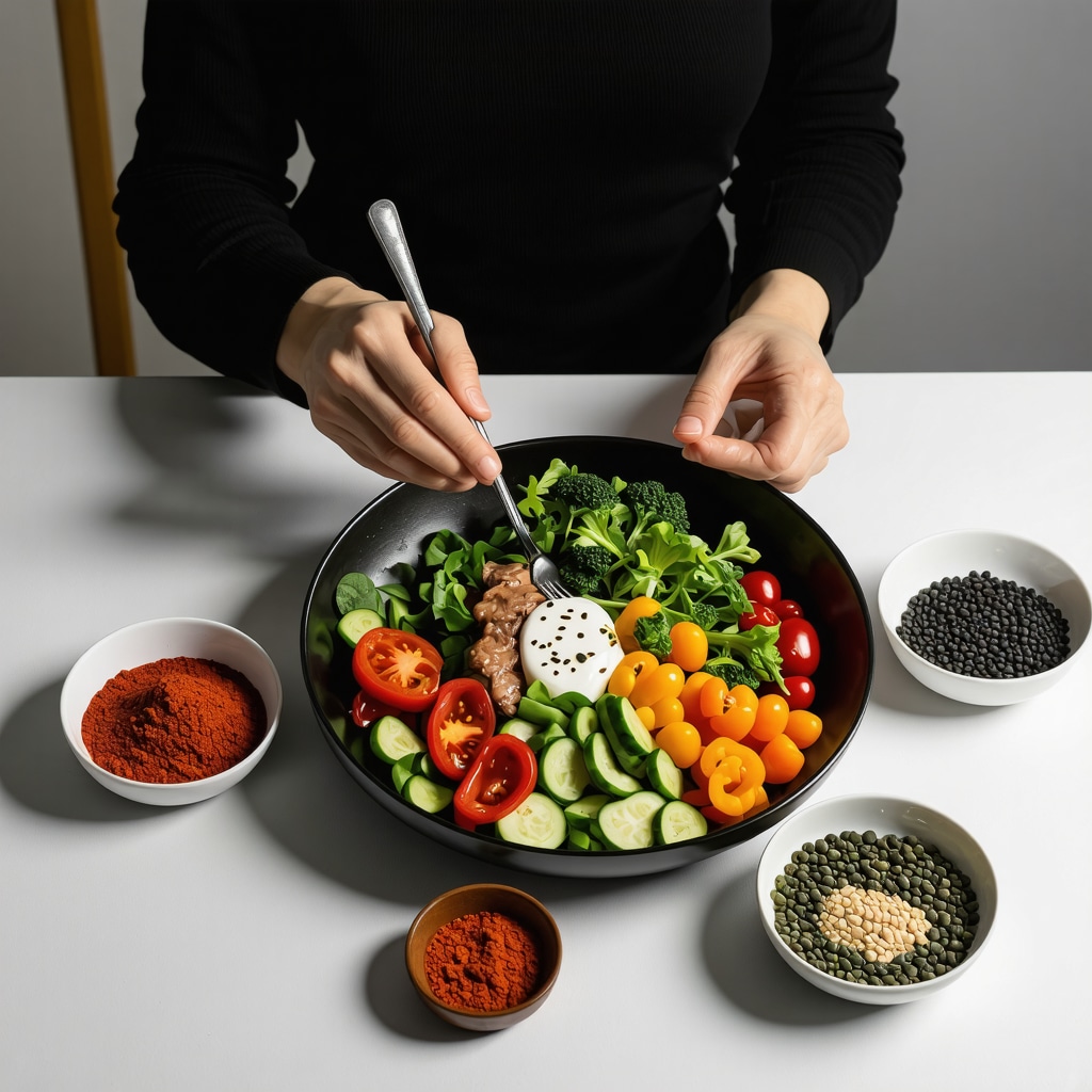 Person practicing mindful eating with a colorful, balanced meal to support weight loss medication