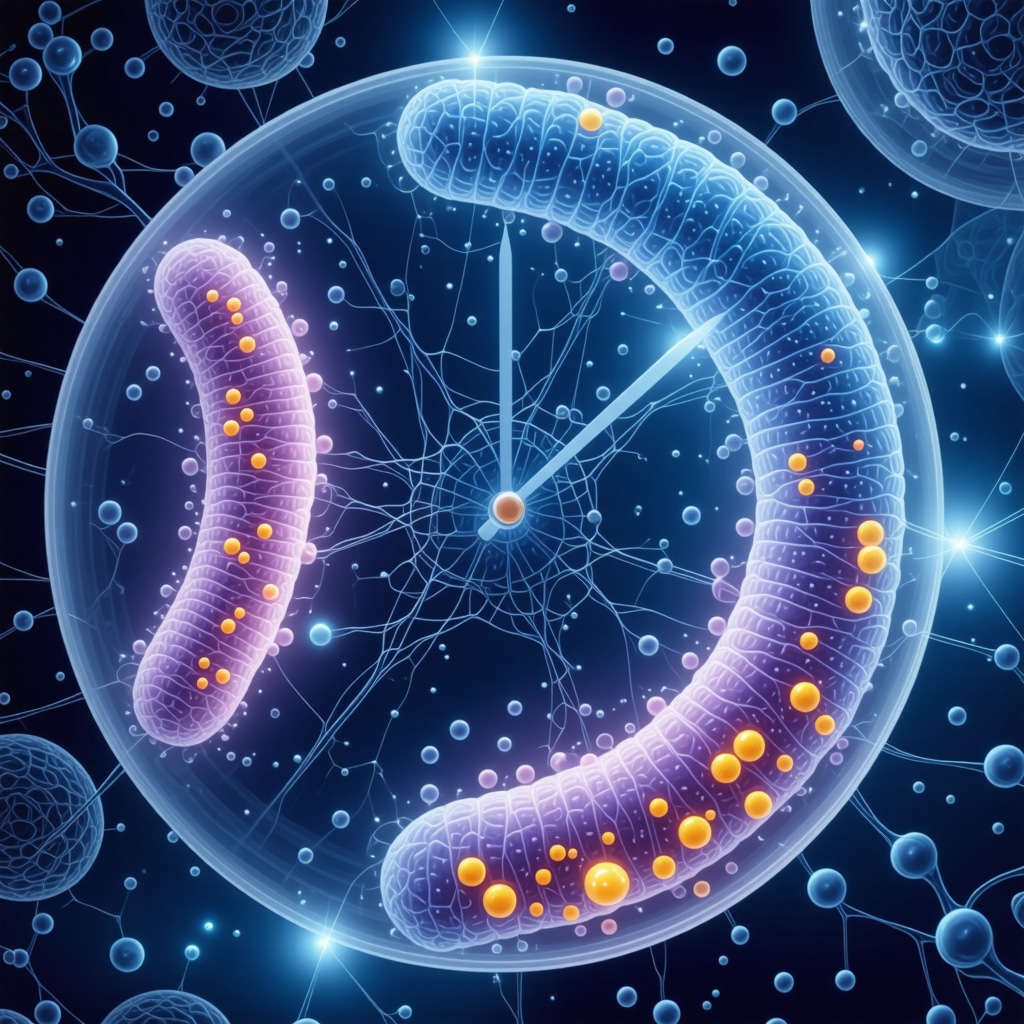 Diagram depicting mitochondrial function and GLP-1 receptor pathways influenced by nutrients and circadian rhythm