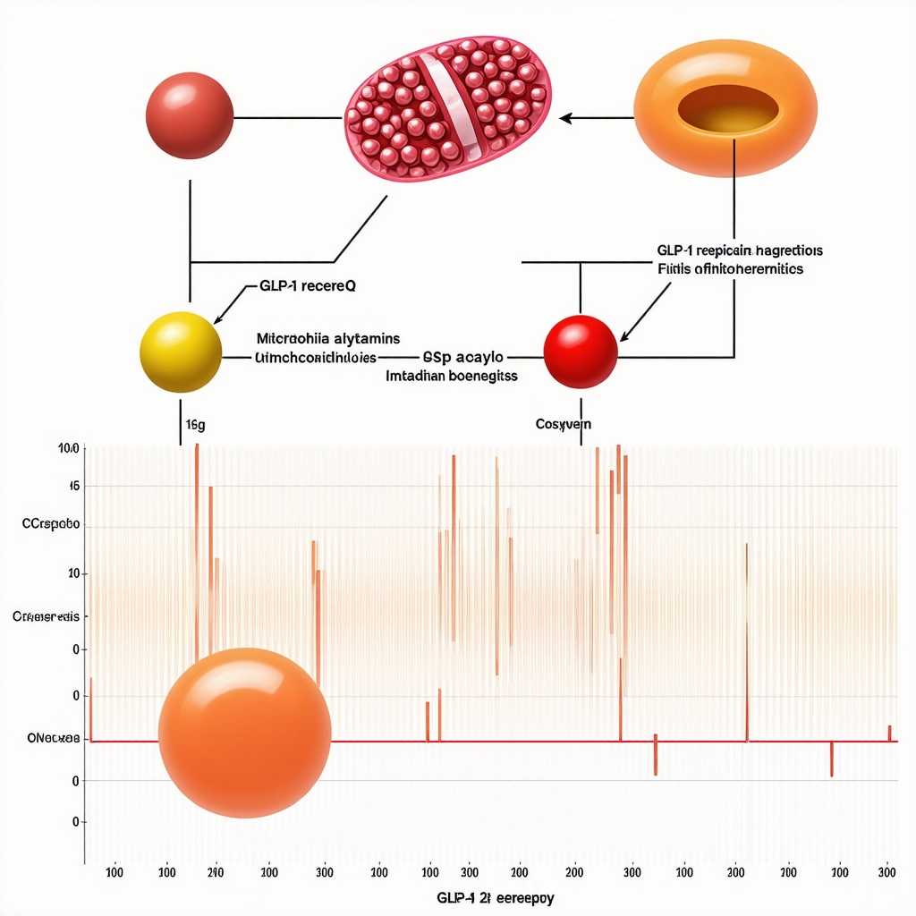 Scientific illustration of nutrient interactions with mitochondrial bioenergetics and GLP-1 drug pathways