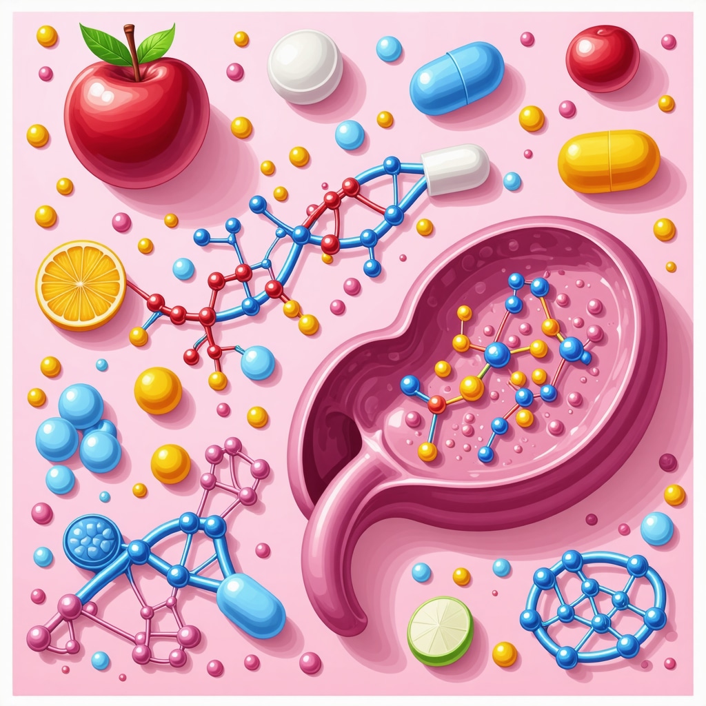 Diagram showing molecular interactions between diet components, medications, and genetics for weight management.