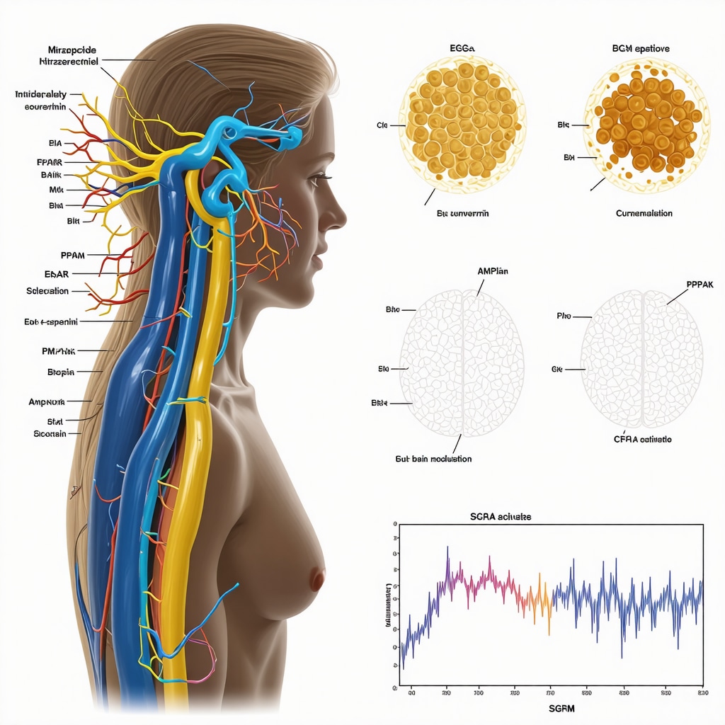Infographic showing tirzepatide interaction with bioactives activating metabolic pathways and gut-brain axis modulation with CGM data