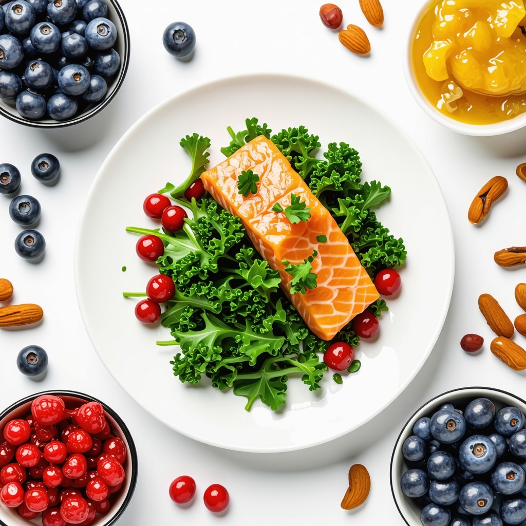 A vibrant plate of healthy foods including salmon, kale, berries, nuts, and fermented vegetables.