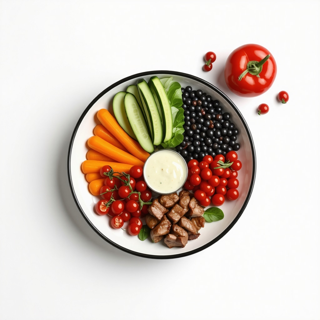 Plate with balanced healthy meal including vegetables, lean meat, and nuts.