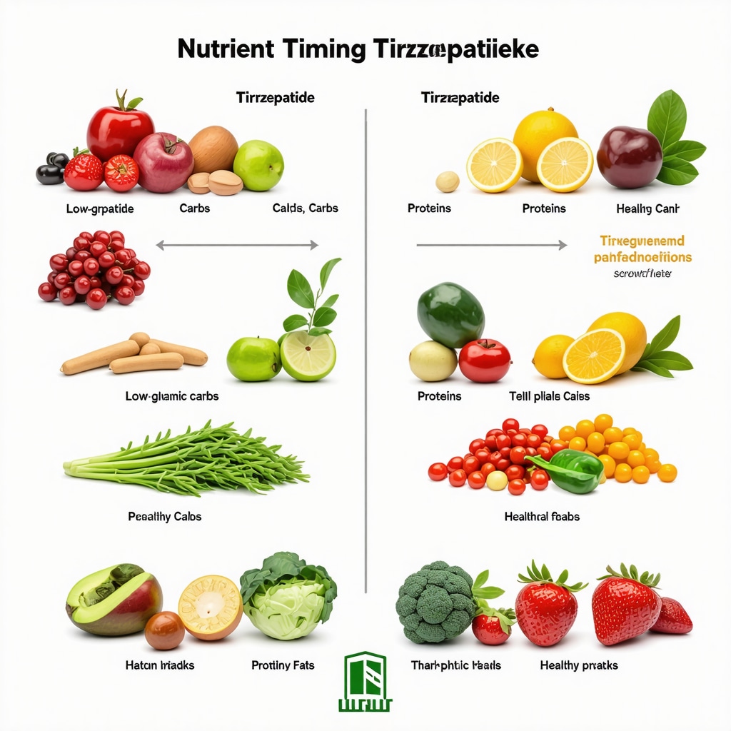 Illustration of nutrient timing strategies aligned with medication peaks, emphasizing low-glycemic foods and balanced meals for fat burning.