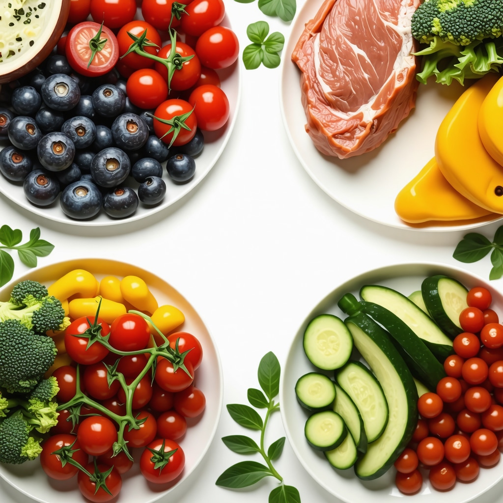 Plate of healthy food including vegetables, lean meat, and nuts