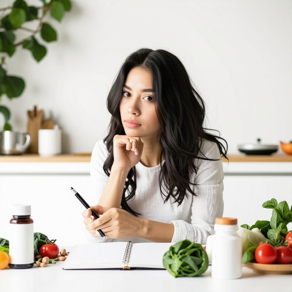 A person planning healthy meals and medication schedule with a notebook and fresh foods in a bright kitchen