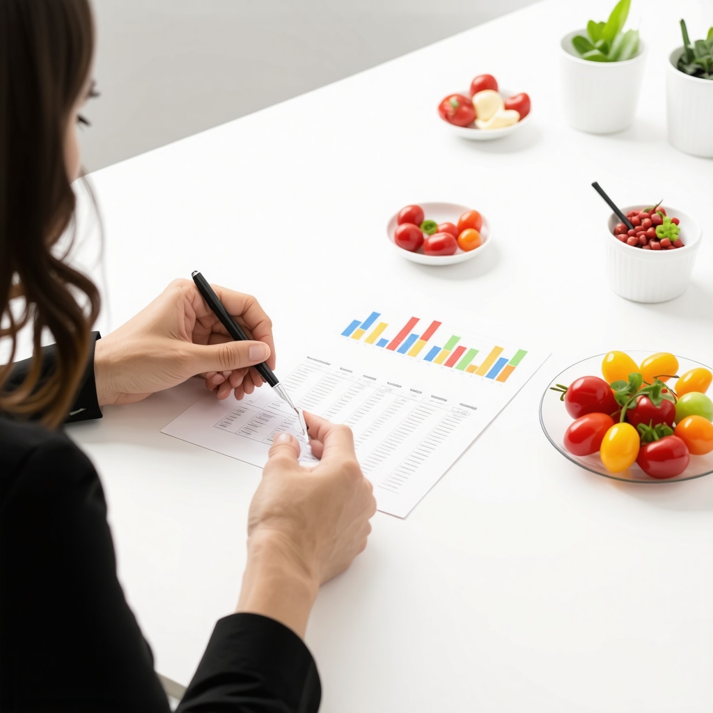 A doctor discussing personalized diet strategies with a patient using charts and food models.