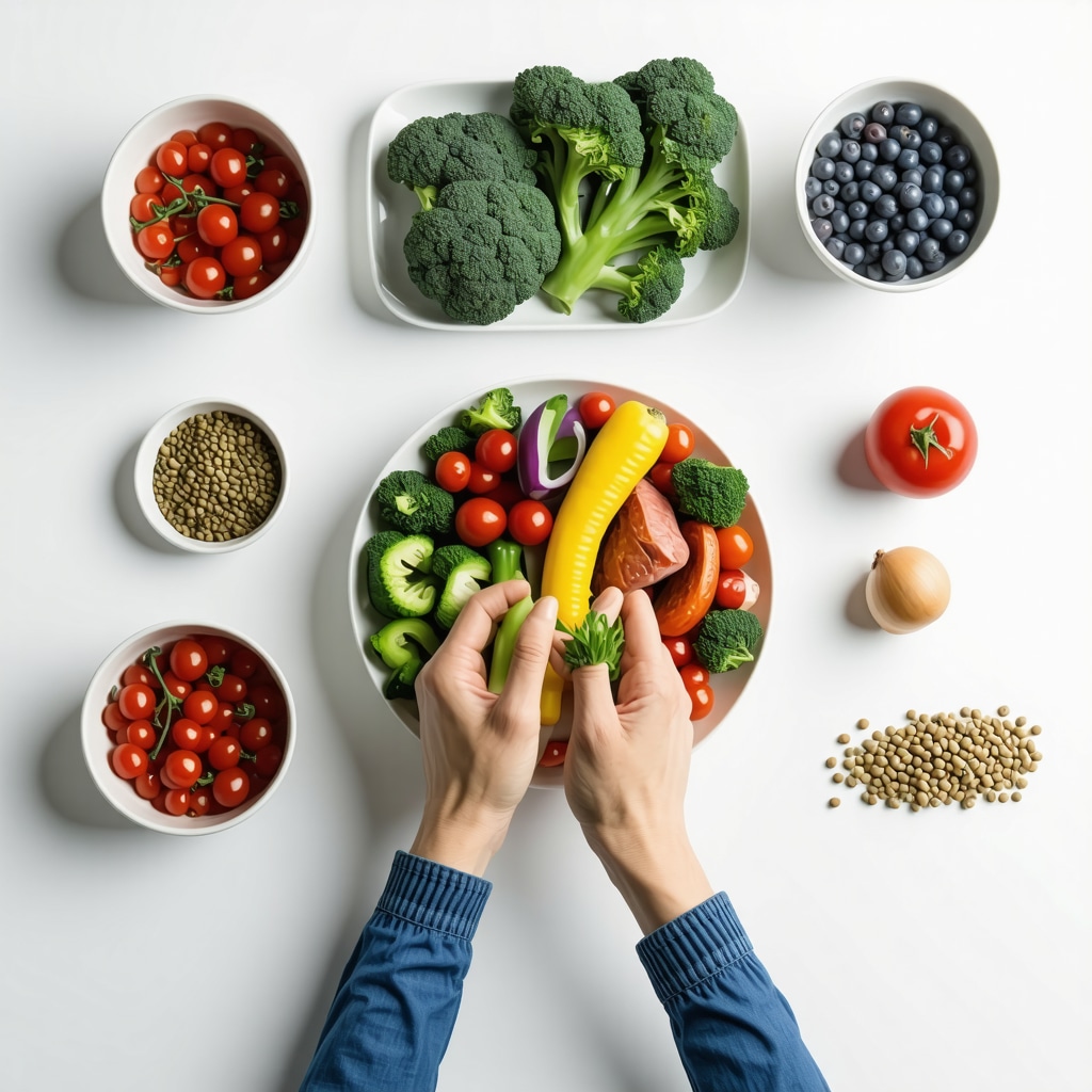 A person preparing a balanced meal with vegetables, fish, and grains for weight management.