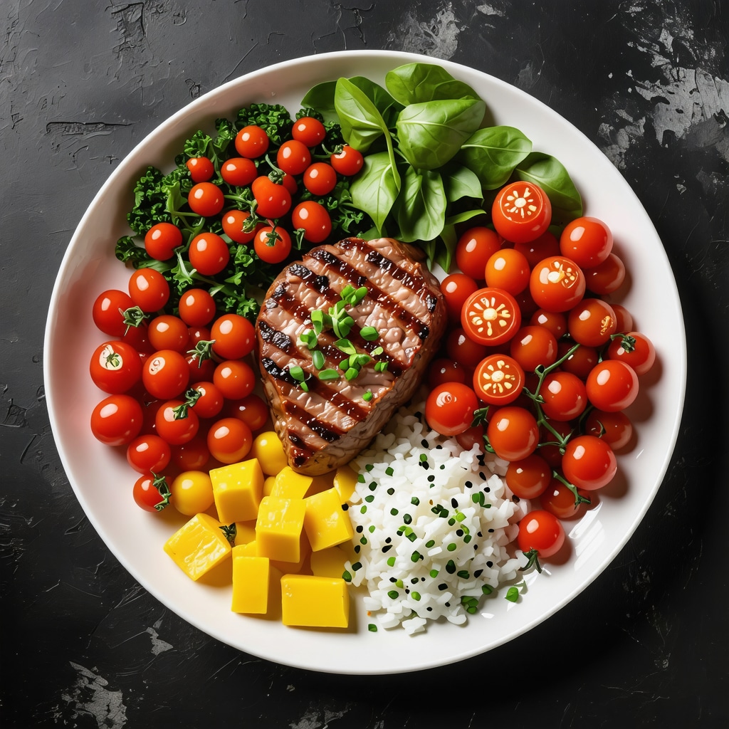 Balanced plate with protein, vegetables, and fats for weight management.