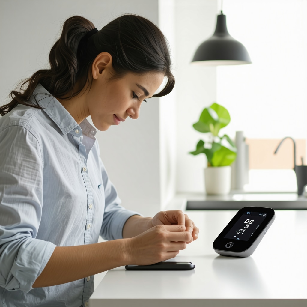 Person using a glucose monitor to track blood sugar levels at home, illustrating personalized nutrition.