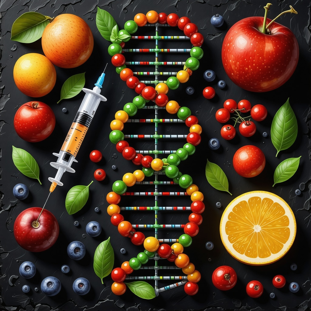 DNA helix intertwined with healthy foods and a syringe symbolizing personalized weight loss injection nutrition