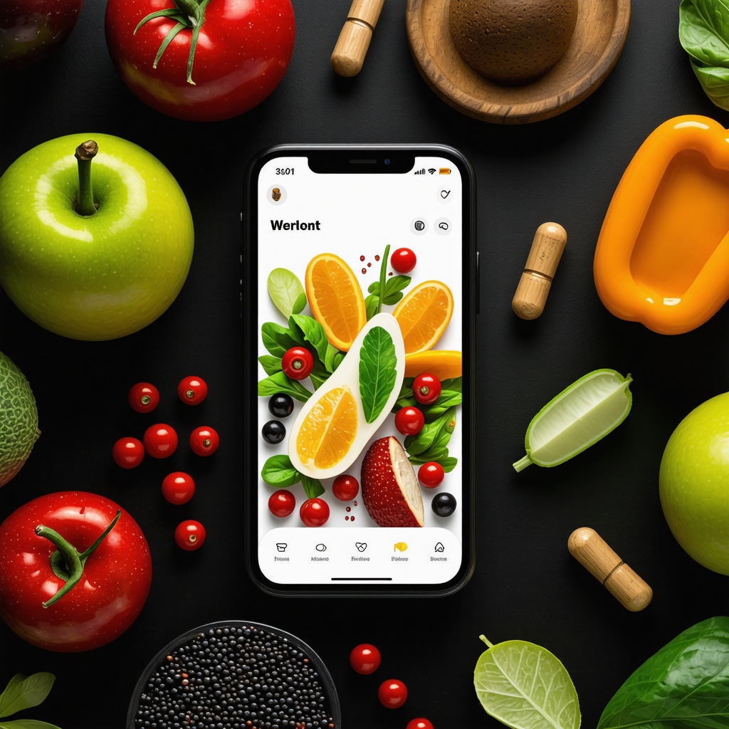 A modern digital app displaying personalized diet plan with healthy foods and medication schedule.