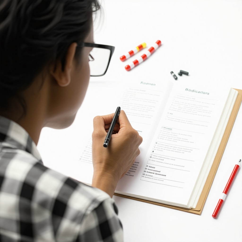 A person thoughtfully reviewing diet plans and medication notes for weight loss