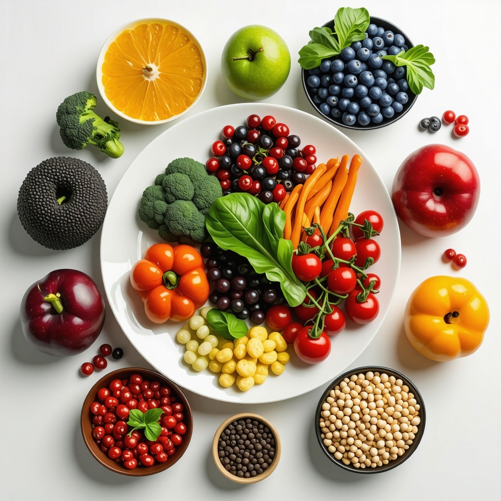 A vibrant plate of healthy foods alongside genetic and metabolic testing devices