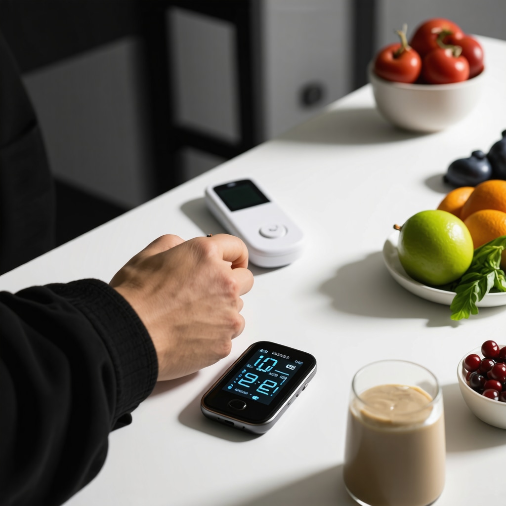 Individual using a glucose monitor with healthy foods, symbolizing advanced diet strategies.