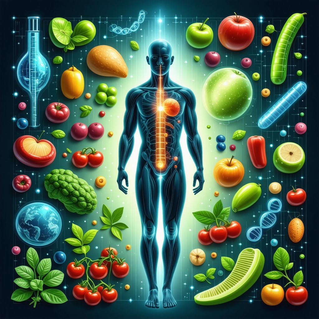 Illustration of human silhouette with DNA strands, digital health data, and nutritious foods representing personalized tirzepatide nutrition
