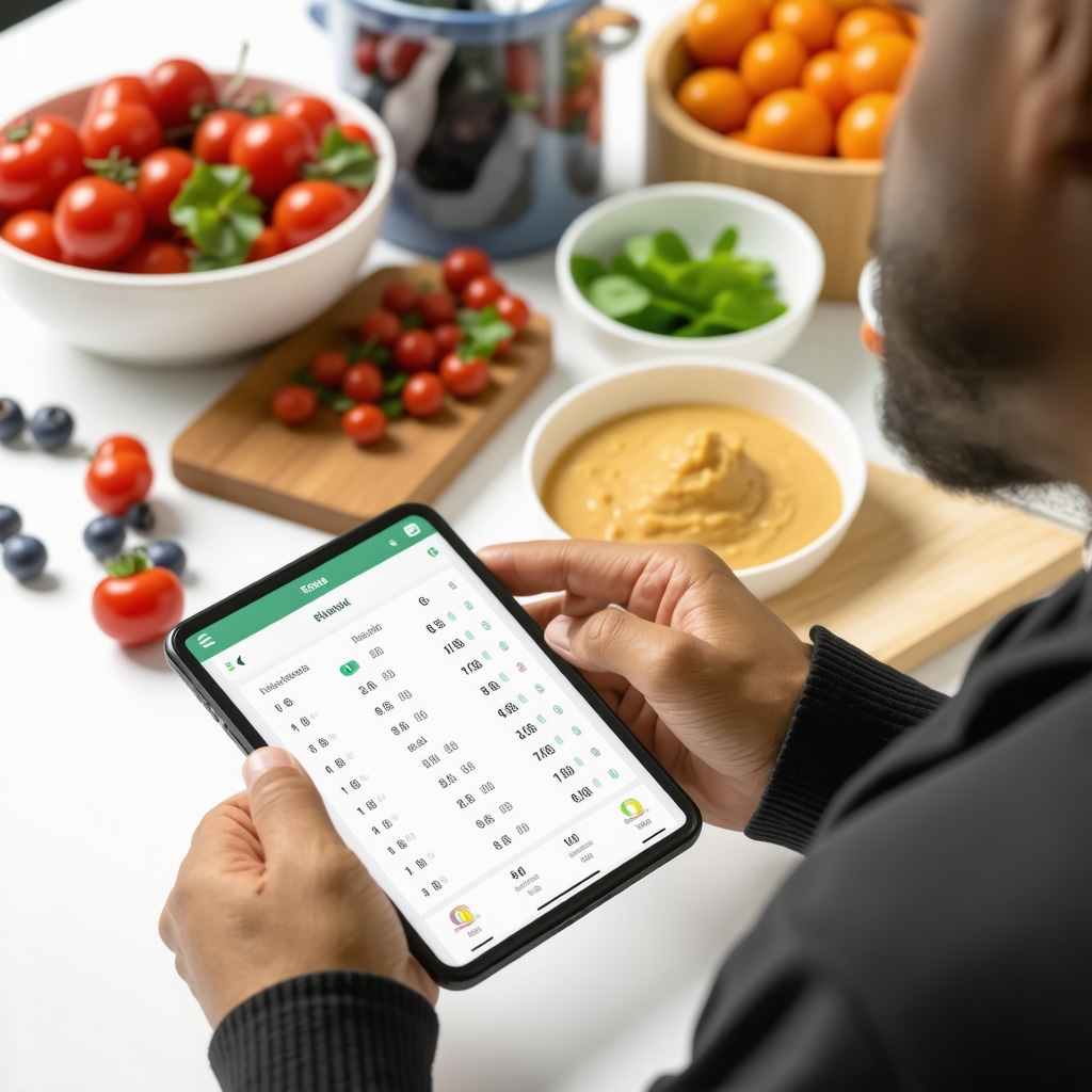 Person reviewing digital health tracking data while preparing healthy meals at home.