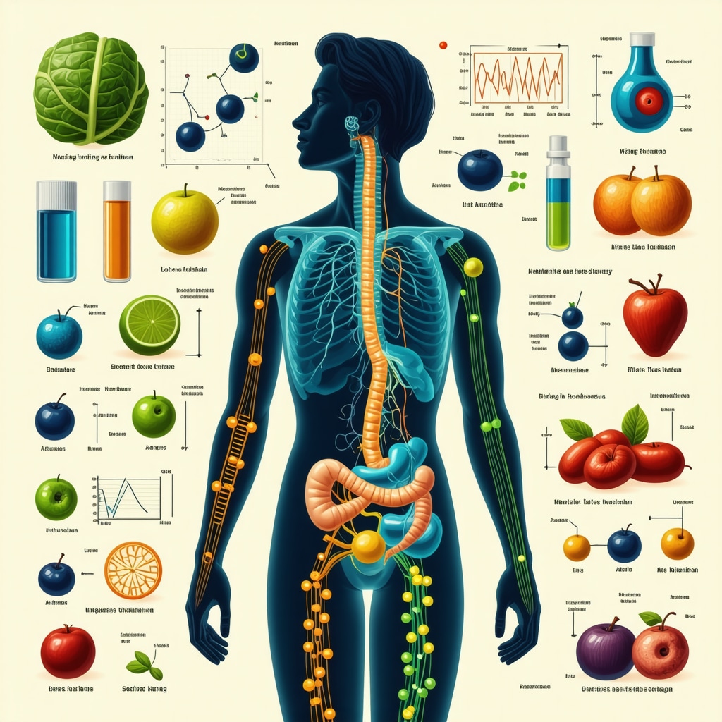 Human silhouette with DNA, gut bacteria icons, and biomarker graphs illustrating precision nutrition
