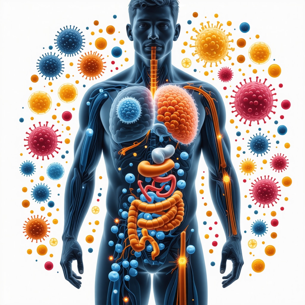Illustration of human silhouette with gut microbiome and genetic markers highlighting personalized health approaches.