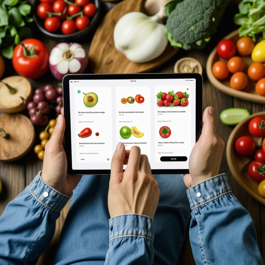 Person analyzing customized diet plans on a tablet in a healthy kitchen