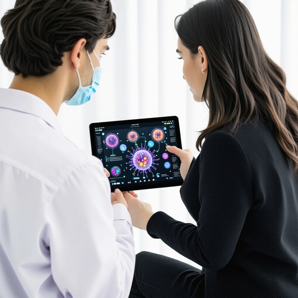 A healthcare professional explaining genetic and microbiome data to a patient in a clinic.