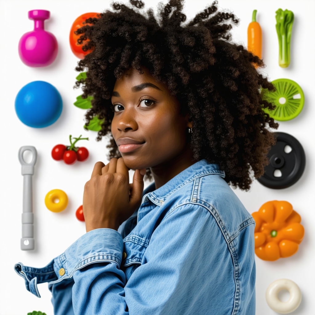 A person contemplating their long-term weight loss journey surrounded by healthy foods and exercise equipment.