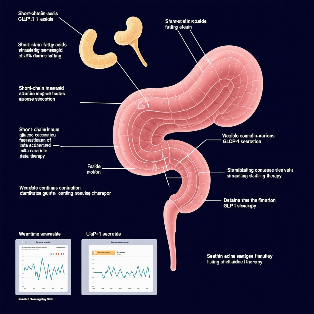 Diagram showing gut microbiota-produced short-chain fatty acids enhancing GLP-1 secretion and a wearable continuous glucose monitor in use