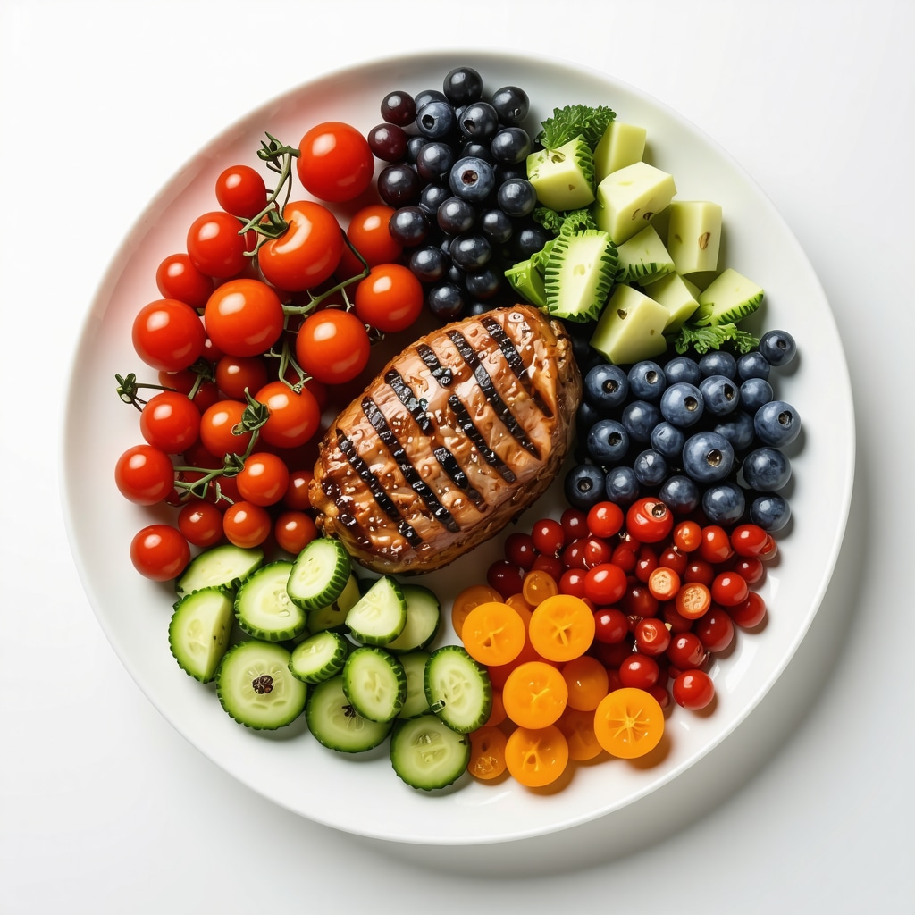 A plate of nutritious food with vegetables, lean protein, and healthy fats.