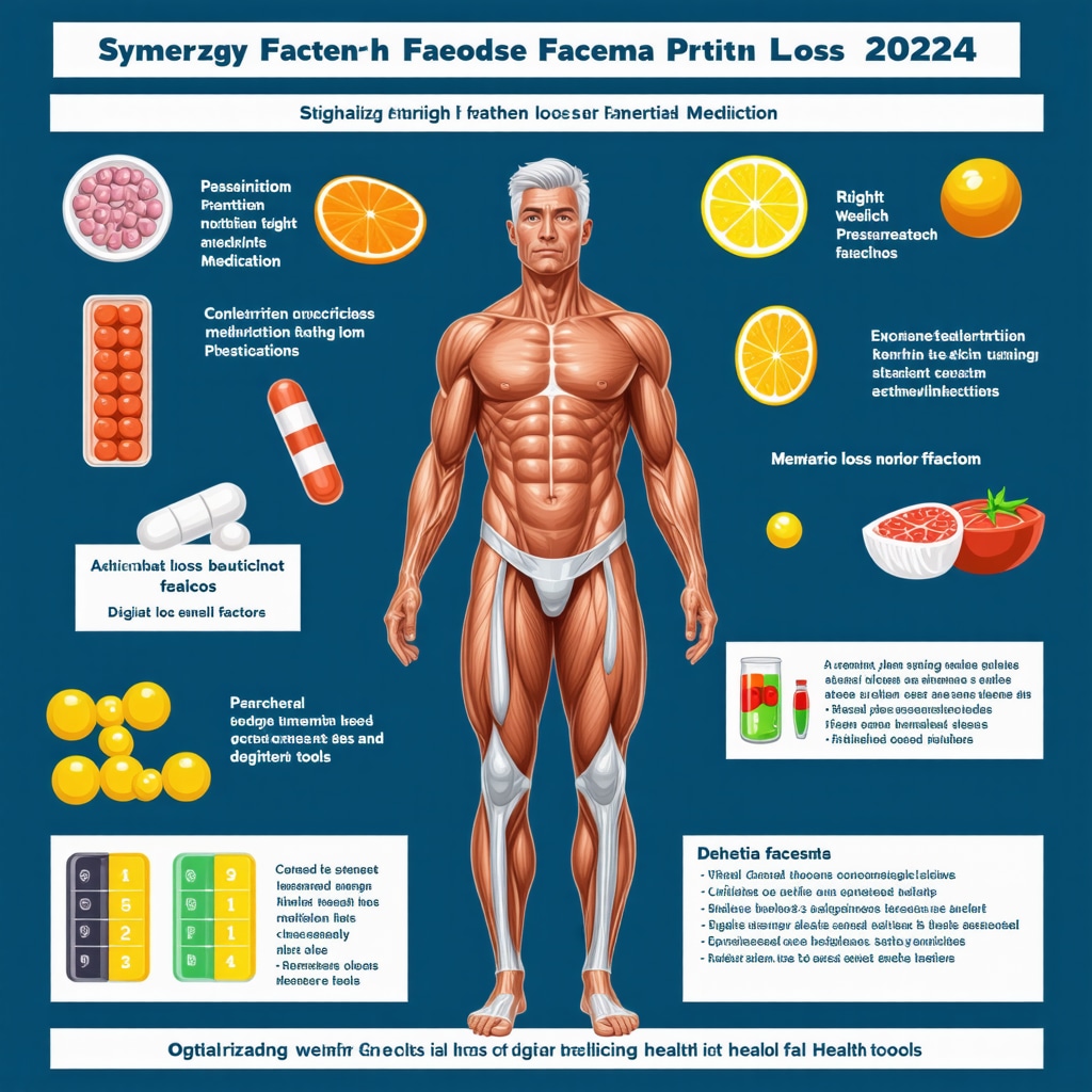 Infographic showing interactions among diet, weight loss medication, genetics, and digital tools for effective fat loss