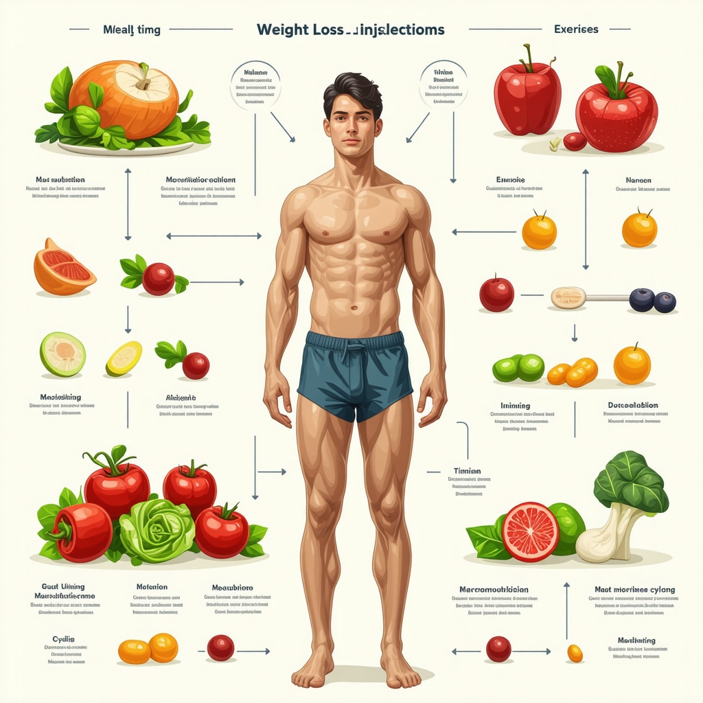 Infographic showing interaction of weight loss injections, diet timing, macronutrient cycling, exercise, and gut microbiome modulation