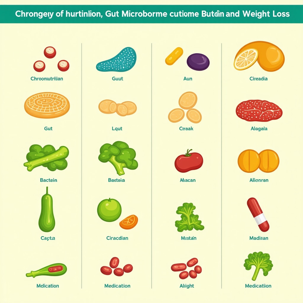 Infographic depicting the interaction of meal timing, gut microbiota, and medication for optimized weight loss