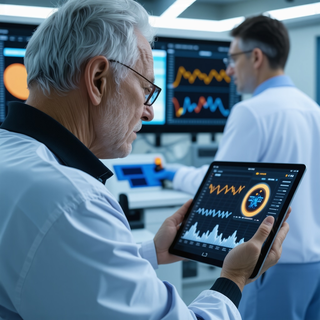 Patient with wearable biosensor and clinician analyzing metabolic flexibility data on digital displays
